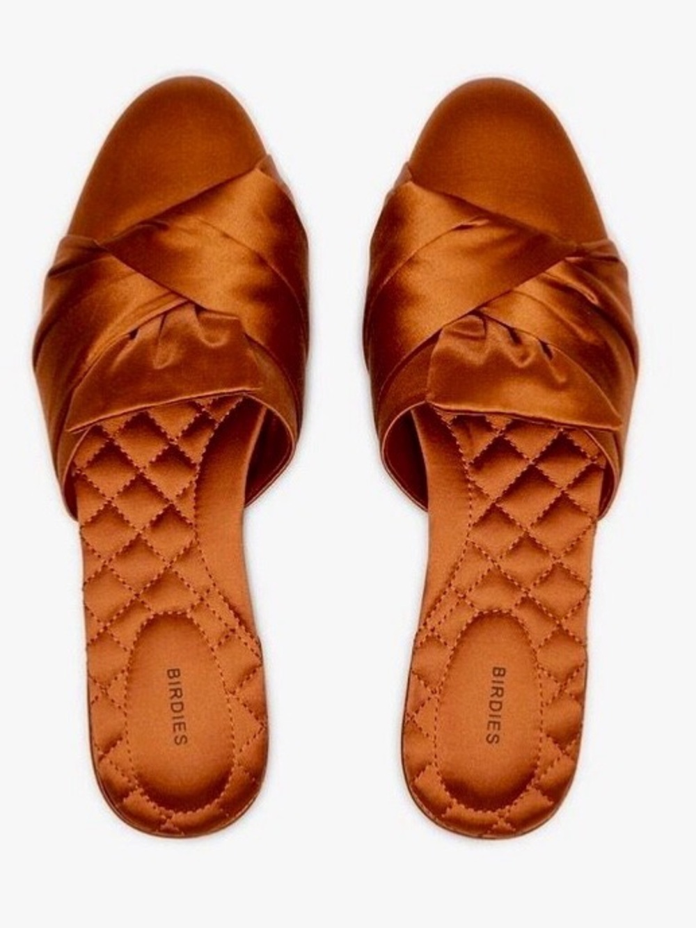 Birdies Knotted Satin Slide Mules in Copper Brown